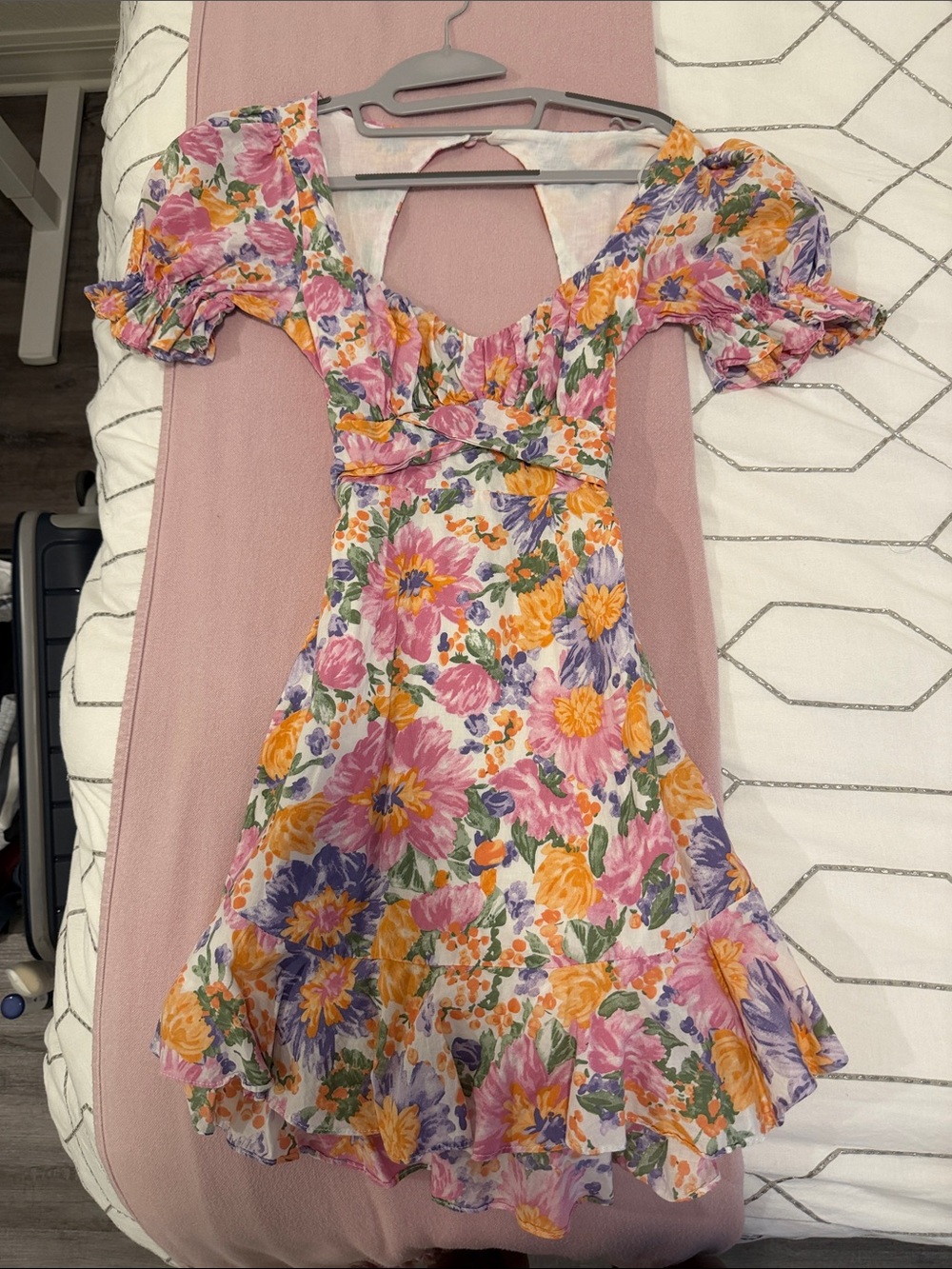 Floral Puff-Sleeve Mini Dress - Pink & Yellow